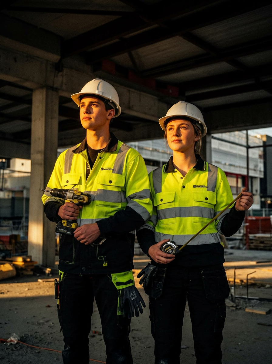 Two Australian trade apprentices — a man and a woman — on a worksite in high-vis